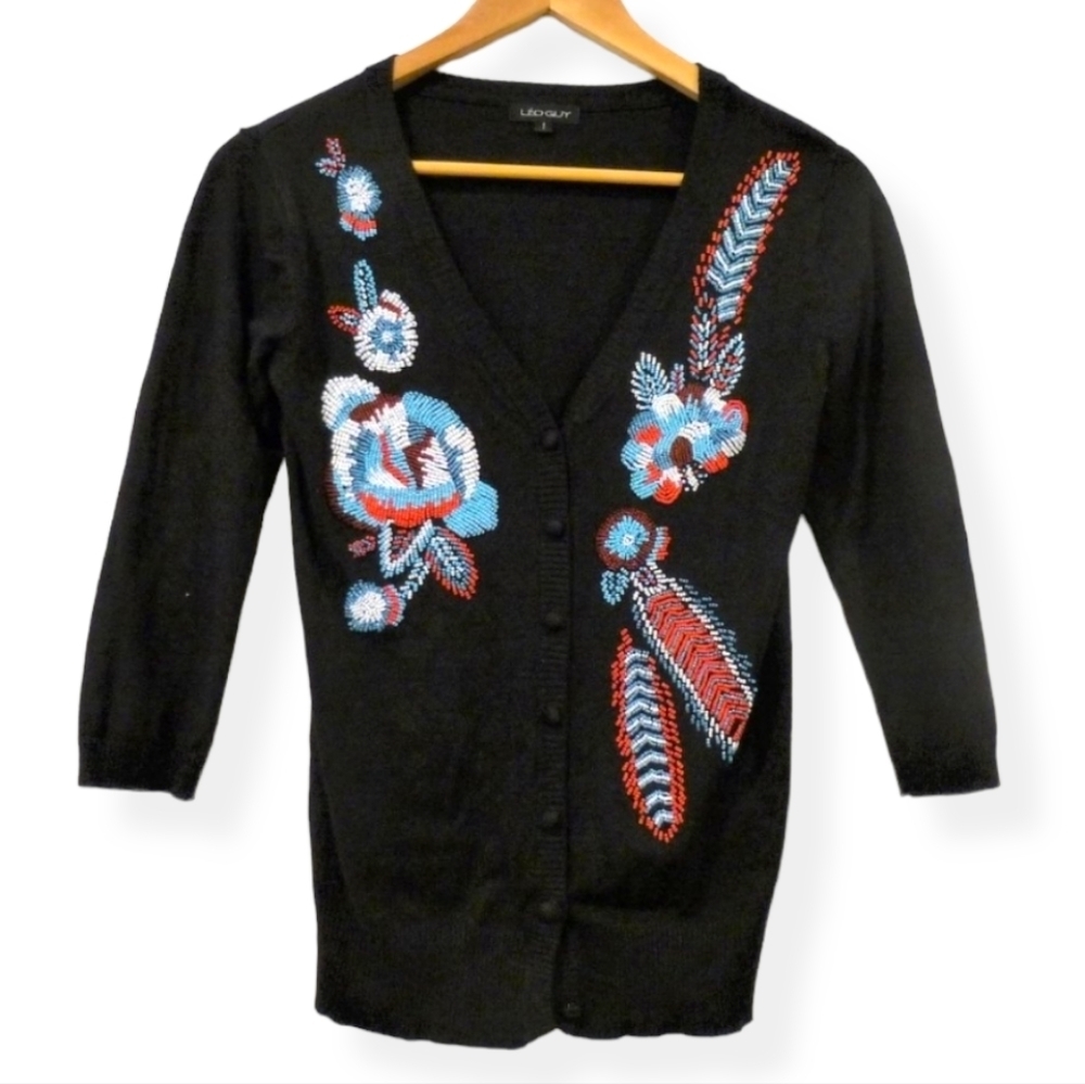 LEO Guy Beaded Black Cardigan